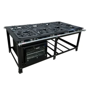 Fogão Industrial de Centro 8 Bocas Duplas Cefaz Linha Gold Baixa Pressão Aço Carbono com Forno 100 Litros Tampa de Vidro C-CFZG-159+FRG-22